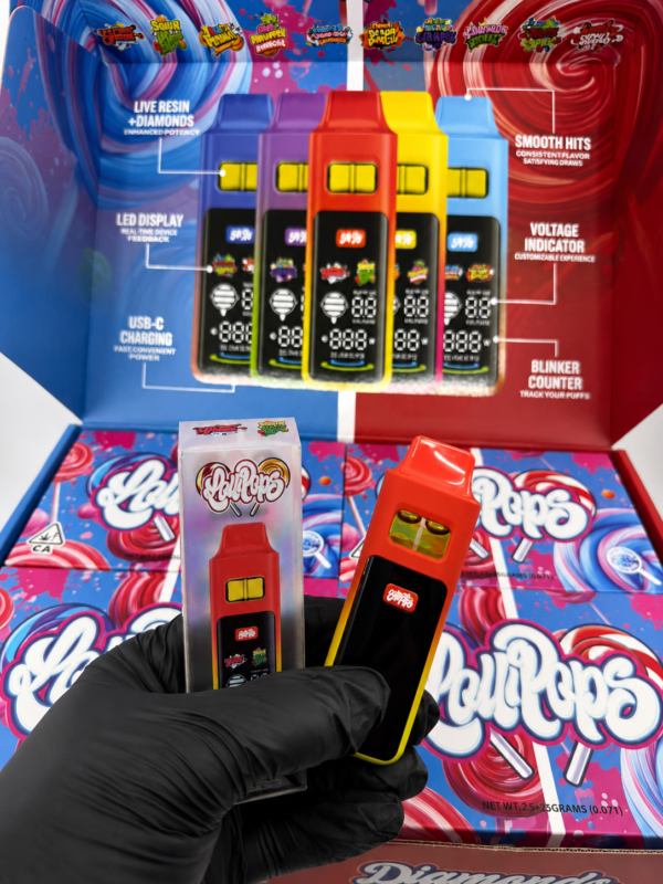 Lollipops Disposable 2G Dual Chamber Vape wholesale display box exterior showing blue and red lollipop artwork, Live Resin plus Diamonds label, Dual Flavors text, and California cannabis warning seal with NET WT 100 x 2GRAMS printed on bottom panel.