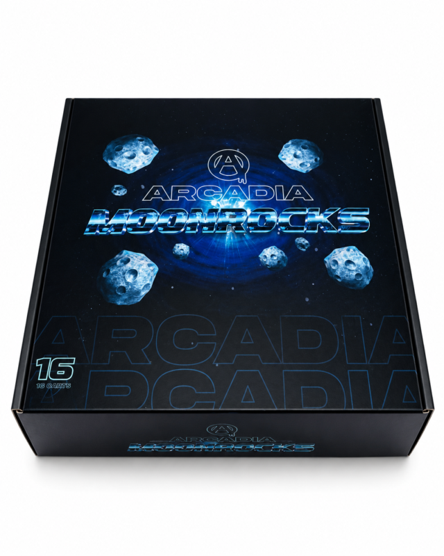 Arcadia MoonRocks collector case open showing 16 strain-specific jars in a 4x4 grid and inside-lid strain menu listing all Hybrid, Indica and Sativa options including MAC 10, Skywalker OG, Northern Lights, Sour Pebbles and Full Moon.