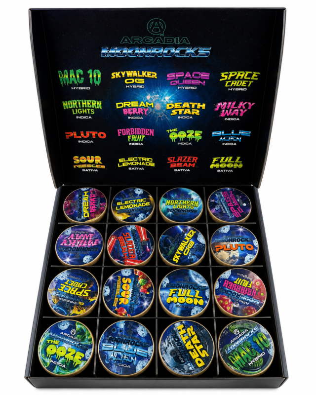 Arcadia MoonRocks collector case open showing 16 strain-specific jars in a 4x4 grid and inside-lid strain menu listing all Hybrid, Indica and Sativa options including MAC 10, Skywalker OG, Northern Lights, Sour Pebbles and Full Moon.