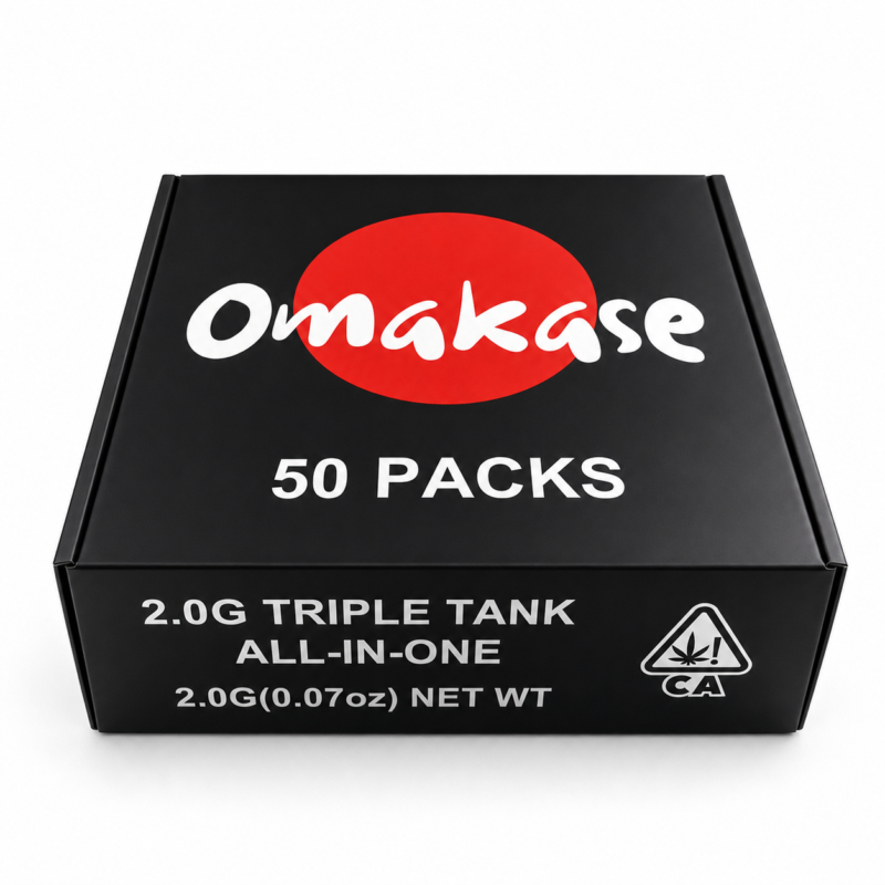 Omakase 2G Triple Tank All-in-One wholesale master case exterior in matte black showing Omakase logo with red circle, 50 PACKS text, 2.0G TRIPLE TANK ALL-IN-ONE product name, 2.0G net weight, and California cannabis compliance warning on the front panel.