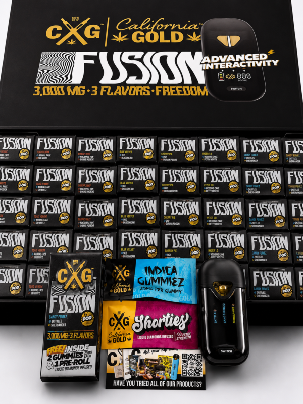 California Gold Fusion 3G 3-in-1 disposable vape retail box with black packaging, gold CXG branding, Fusion logo and 3,000 MG 3 Flavors Freedom text.