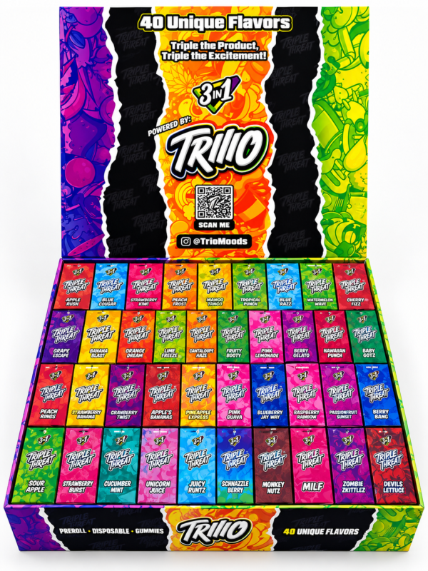 Triple Threat by Triio 100-pack wholesale display box featuring 3 in 1 bundles with preroll, disposable vape and gummies.