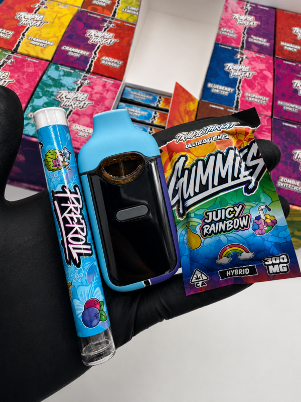 Triple Threat by Triio 100-pack wholesale display box featuring 3 in 1 bundles with preroll, disposable vape and gummies.
