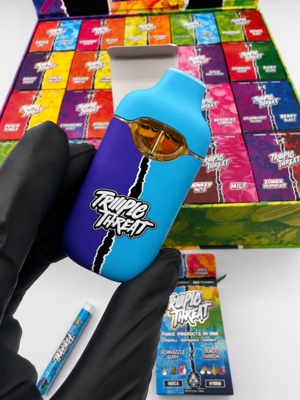 Triple Threat by Triio 100-pack wholesale display box featuring 3 in 1 bundles with preroll, disposable vape and gummies.