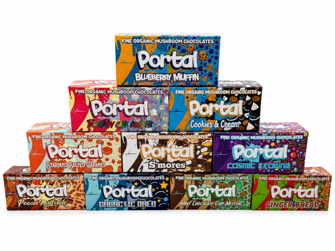 Portal Mushroom Chocolate Bars 6G collection in holographic flavor boxes