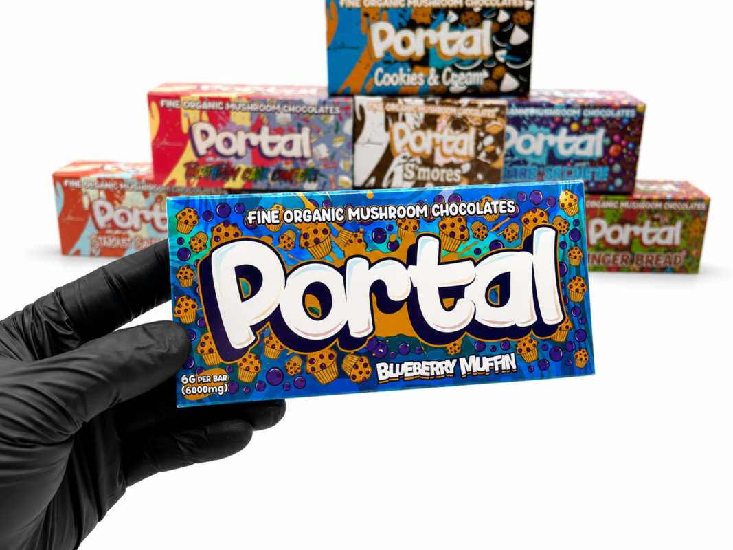 Portal Mushroom Chocolate Bars 6G collection in holographic flavor boxes