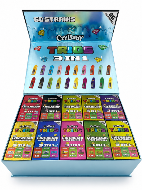 Crybaby Trios 3 in 1 3G Disposable 50-pack wholesale display with multiple flavor options