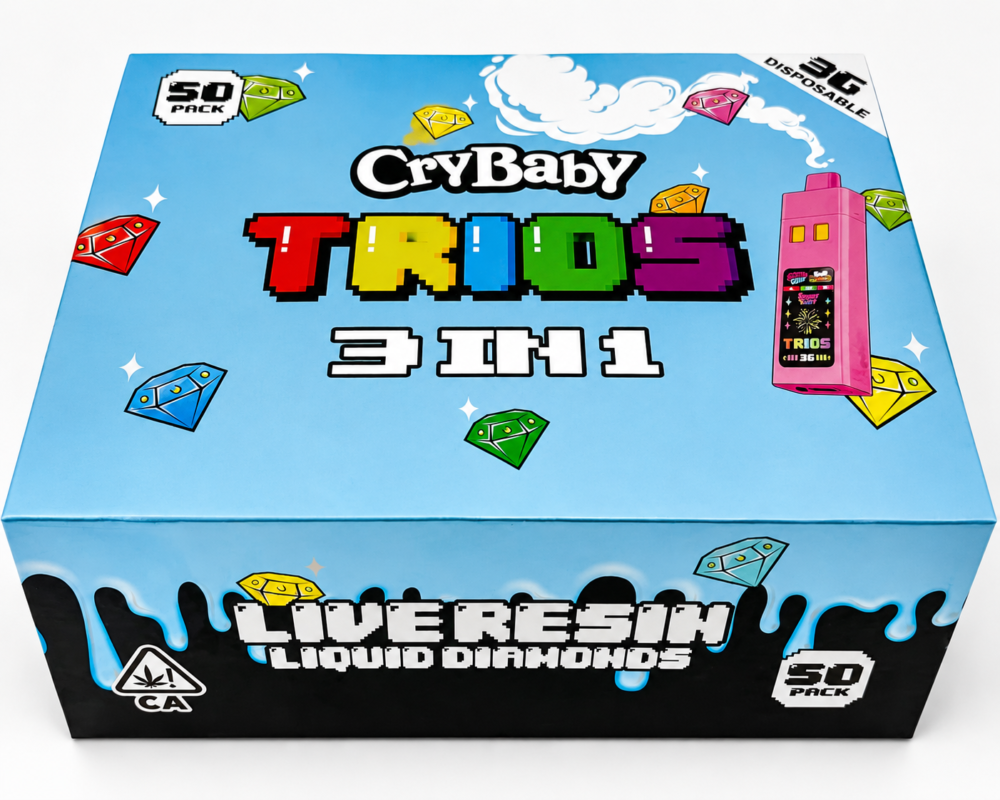 Crybaby Trios 3 in 1 3G Disposable 50-pack wholesale display with multiple flavor options