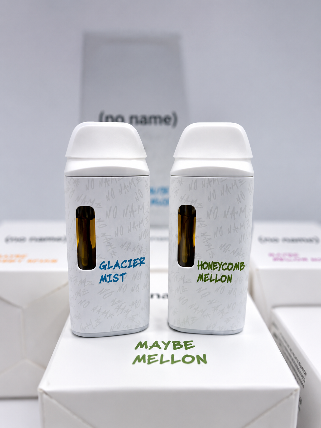No Name 2G Disposable vape packaging with white retail boxes and color-coded flavor labels