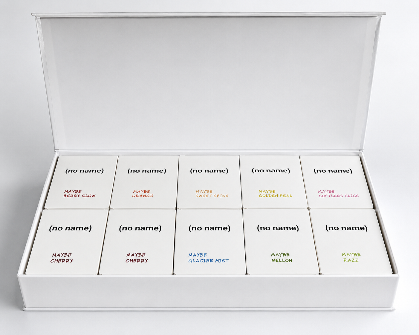 No Name 2G Disposable vape packaging with white retail boxes and color-coded flavor labels