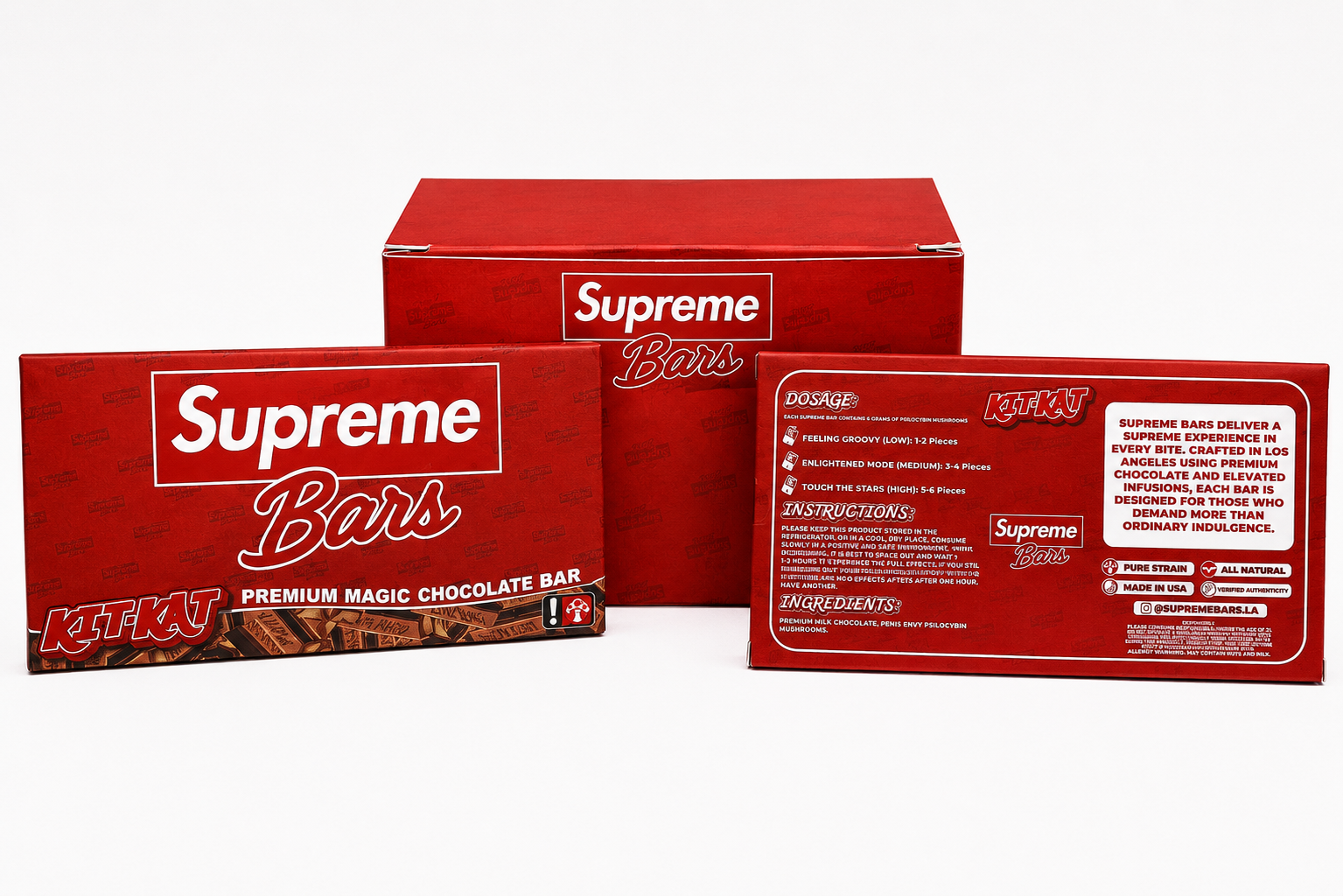 Supreme Mushroom Chocolate Bars Kit Kat red package with Supreme Bars display box