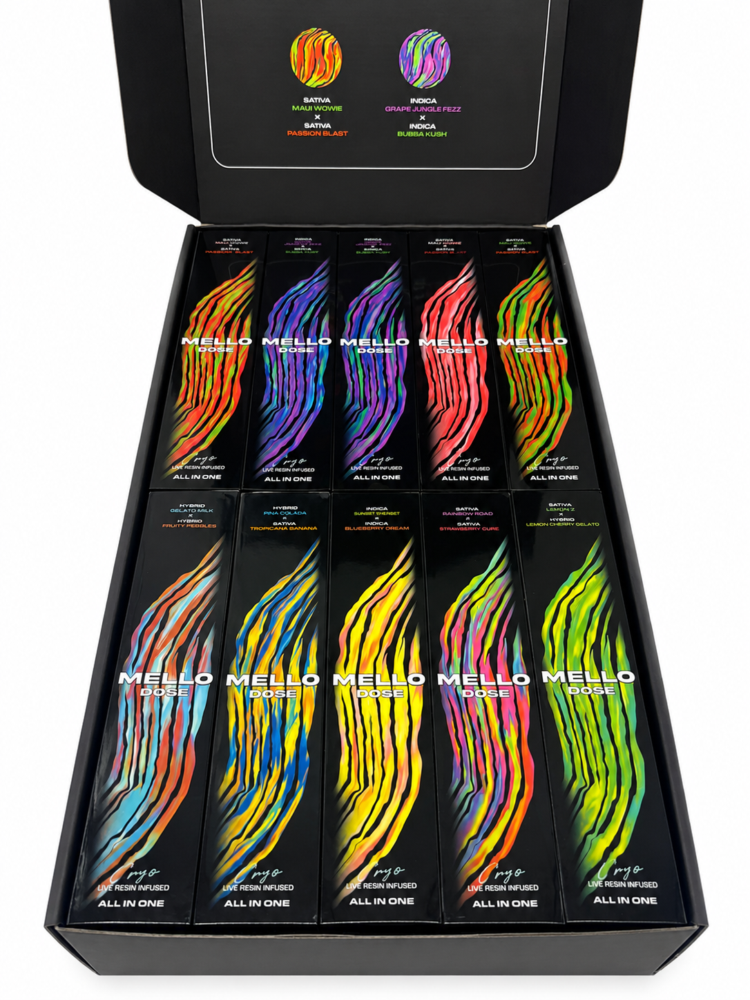 Mello Dose 2G Disposable dual-tank all-in-one device with two paired selections and integrated Mix Mode display.