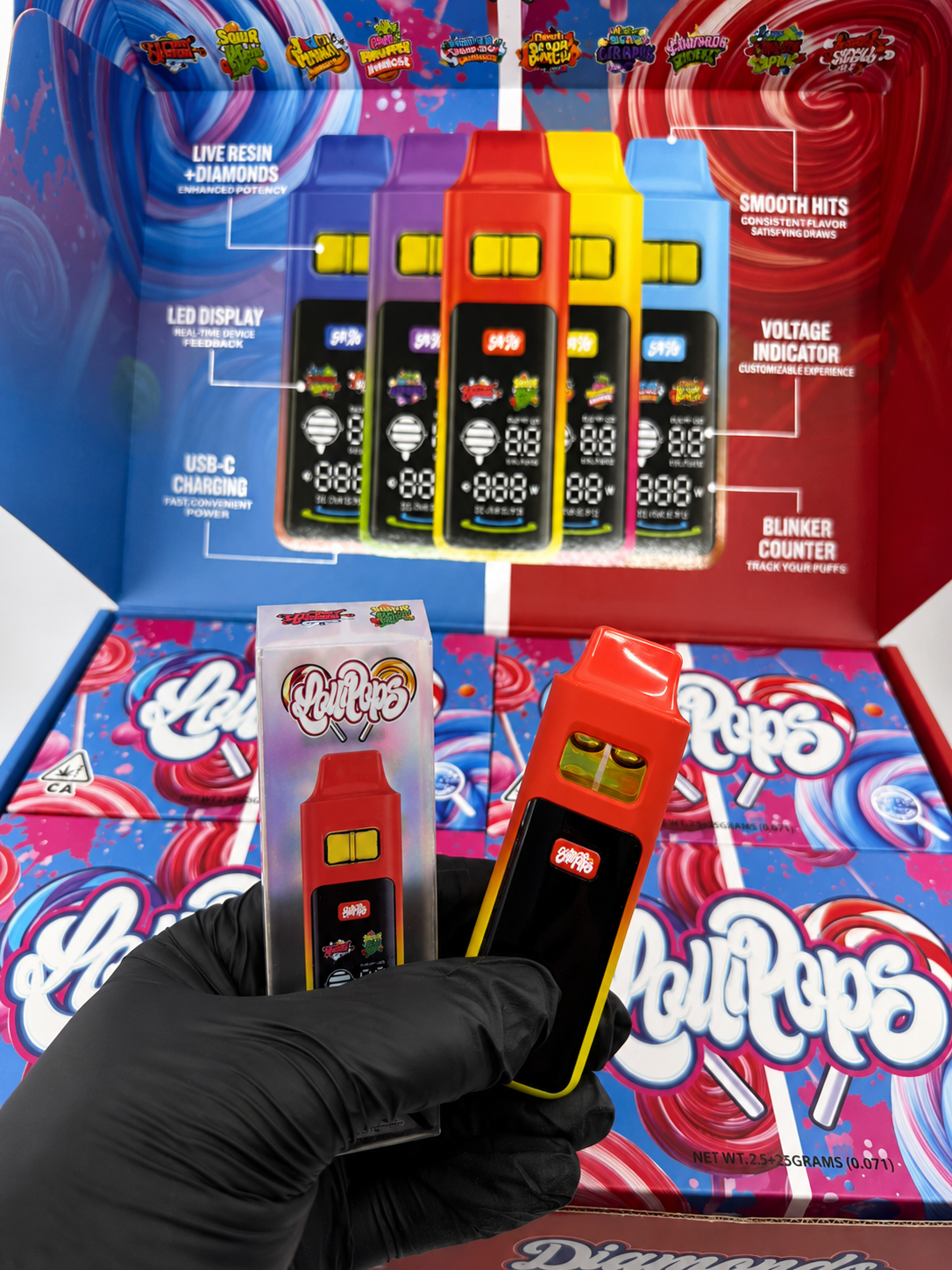 Lollipops Disposable 2G Dual Chamber Vape wholesale display box exterior showing blue and red lollipop artwork, Live Resin plus Diamonds label, Dual Flavors text, and California cannabis warning seal with NET WT 100 x 2GRAMS printed on bottom panel.