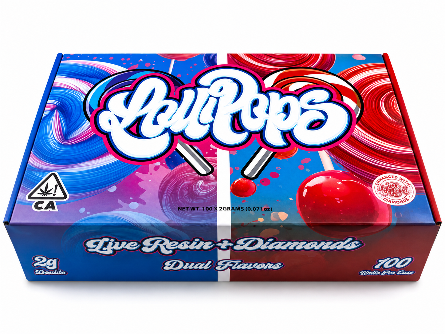 Lollipops Disposable 2G Dual Chamber Vape wholesale display box exterior showing blue and red lollipop artwork, Live Resin plus Diamonds label, Dual Flavors text, and California cannabis warning seal with NET WT 100 x 2GRAMS printed on bottom panel.