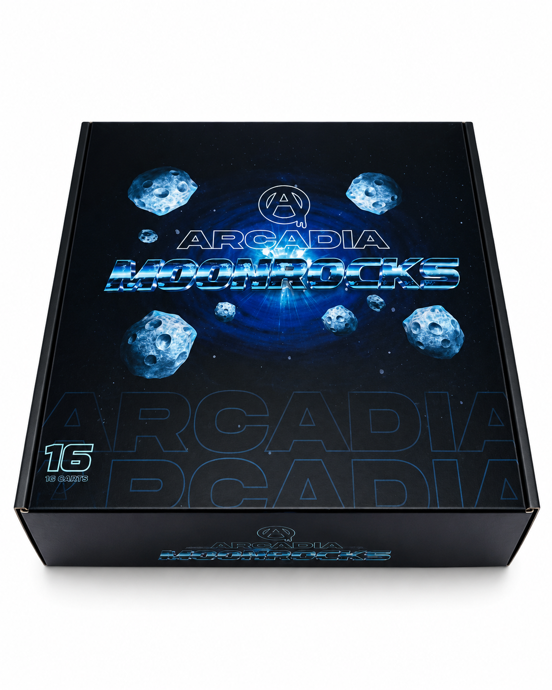 Arcadia MoonRocks collector case open showing 16 strain-specific jars in a 4x4 grid and inside-lid strain menu listing all Hybrid, Indica and Sativa options including MAC 10, Skywalker OG, Northern Lights, Sour Pebbles and Full Moon.
