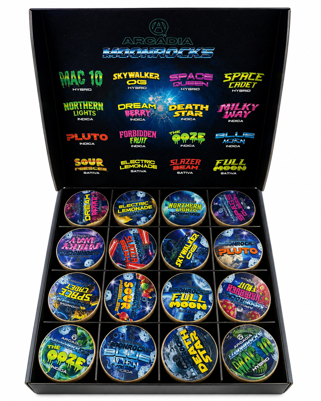 Arcadia MoonRocks collector case open showing 16 strain-specific jars in a 4x4 grid and inside-lid strain menu listing all Hybrid, Indica and Sativa options including MAC 10, Skywalker OG, Northern Lights, Sour Pebbles and Full Moon.
