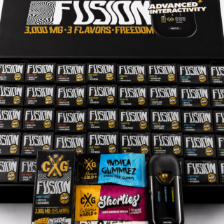 California Gold Fusion 3G 3-in-1 disposable vape retail box with black packaging, gold CXG branding, Fusion logo and 3,000 MG 3 Flavors Freedom text.