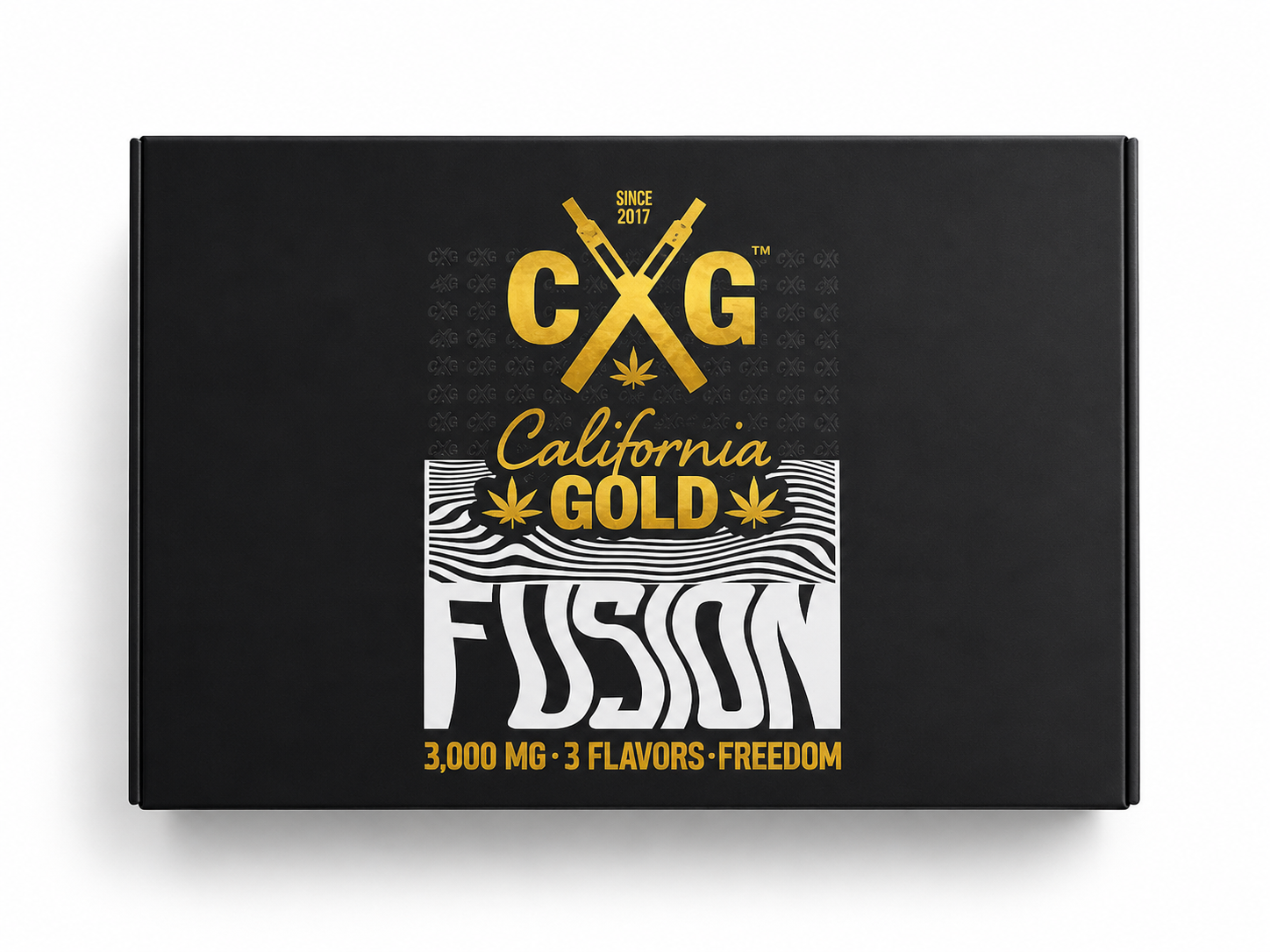 California Gold Fusion 3G 3-in-1 disposable vape retail box with black packaging, gold CXG branding, Fusion logo and 3,000 MG 3 Flavors Freedom text.
