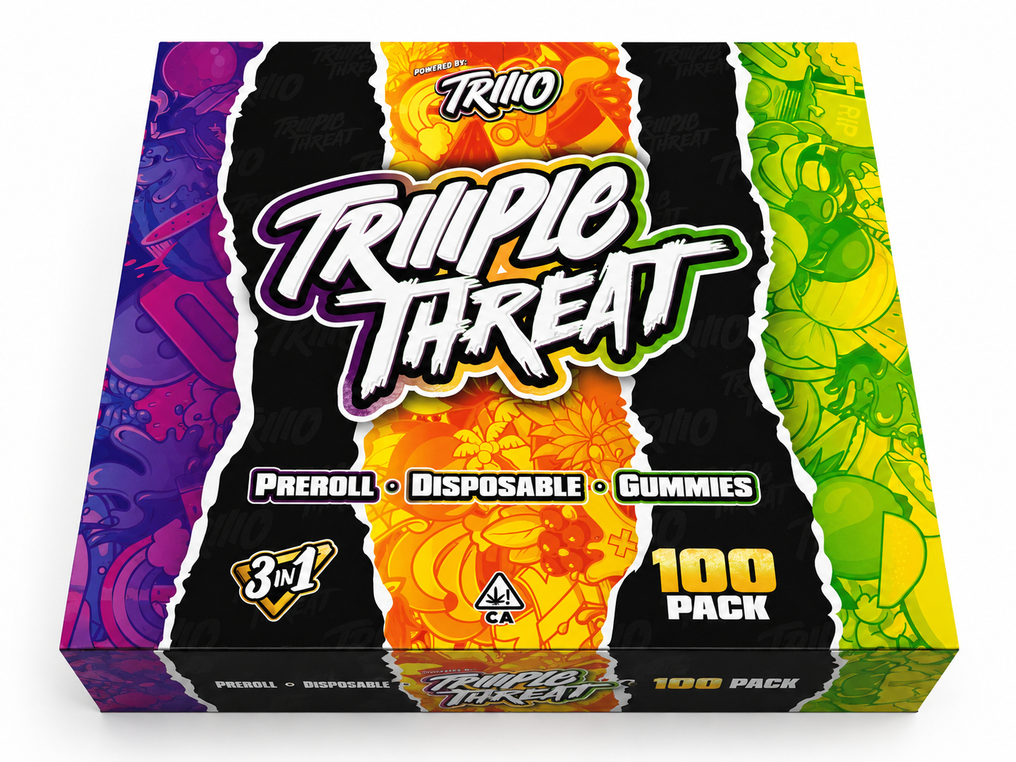 Triple Threat by Triio 100-pack wholesale display box featuring 3 in 1 bundles with preroll, disposable vape and gummies.