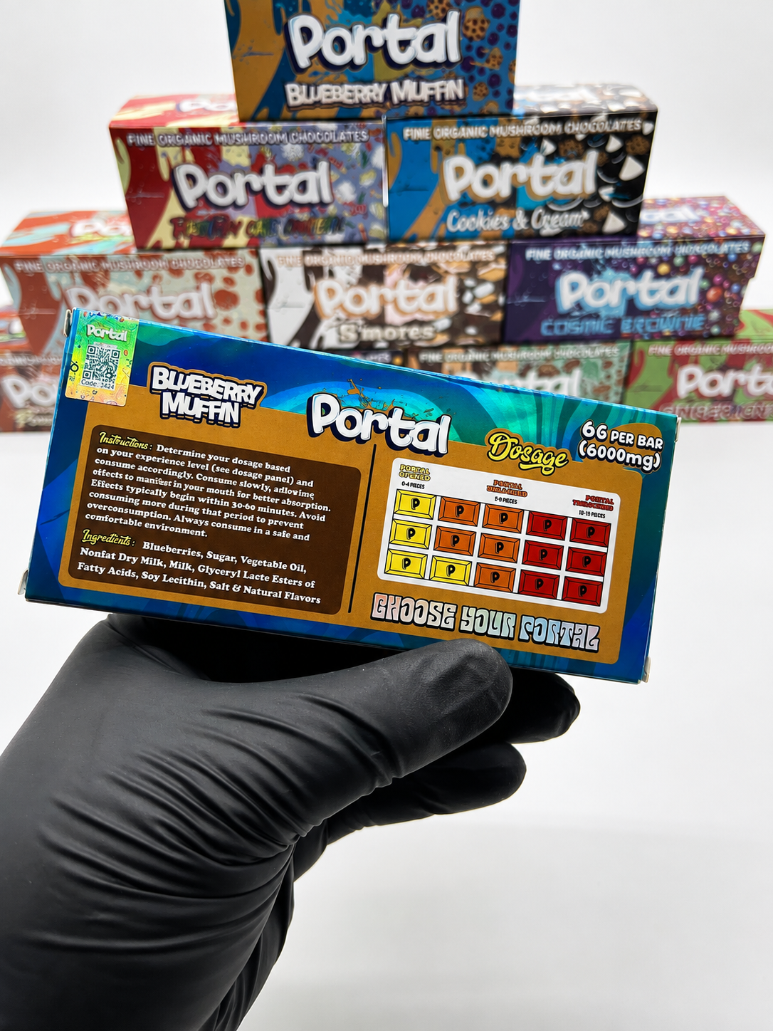 Portal Mushroom Chocolate Bars 6G collection in holographic flavor boxes
