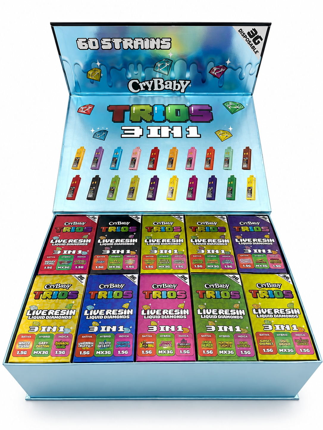 Crybaby Trios 3 in 1 3G Disposable 50-pack wholesale display with multiple flavor options